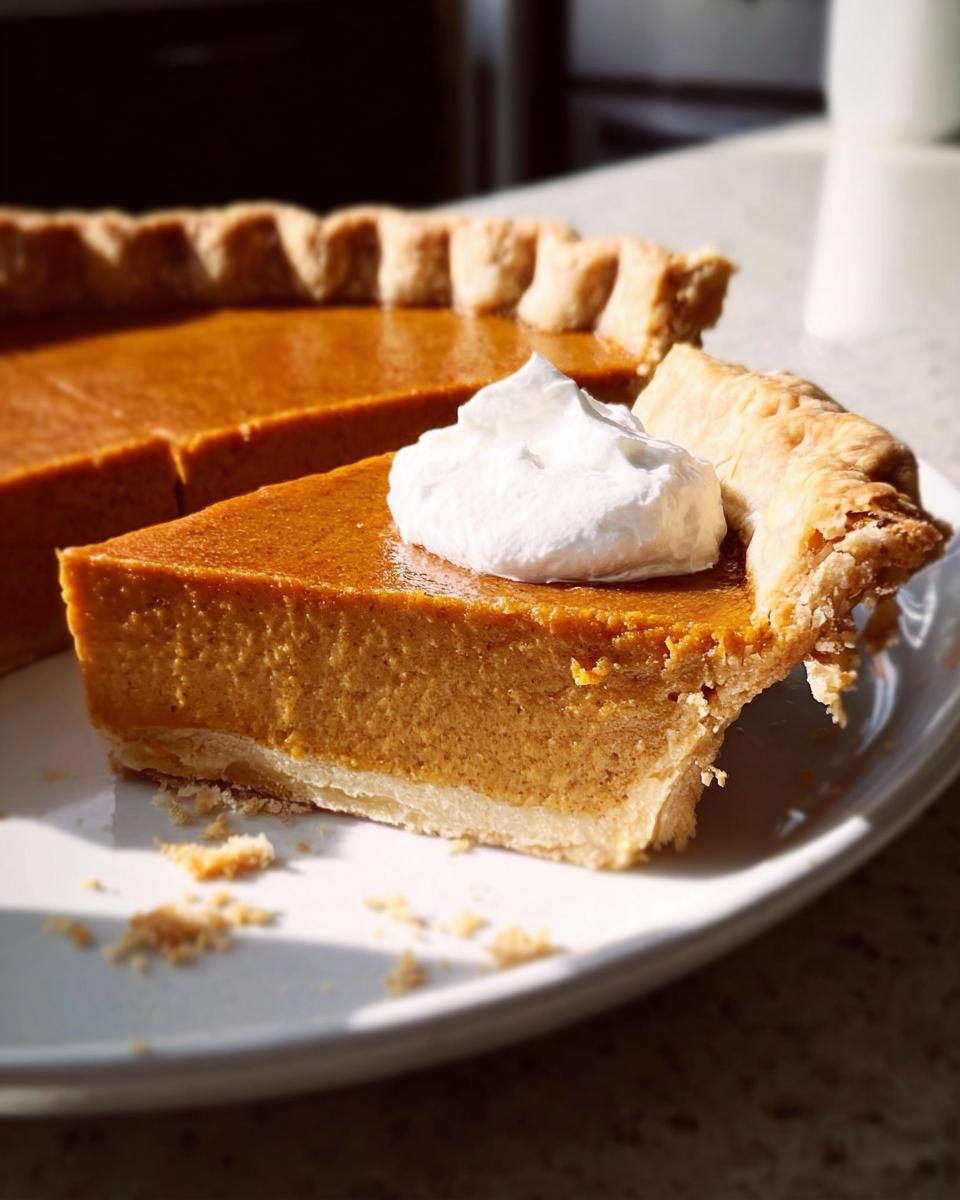 A slice of homemade pumpkin pie topped with whipped cream, perfect for Thanksgiving desserts.