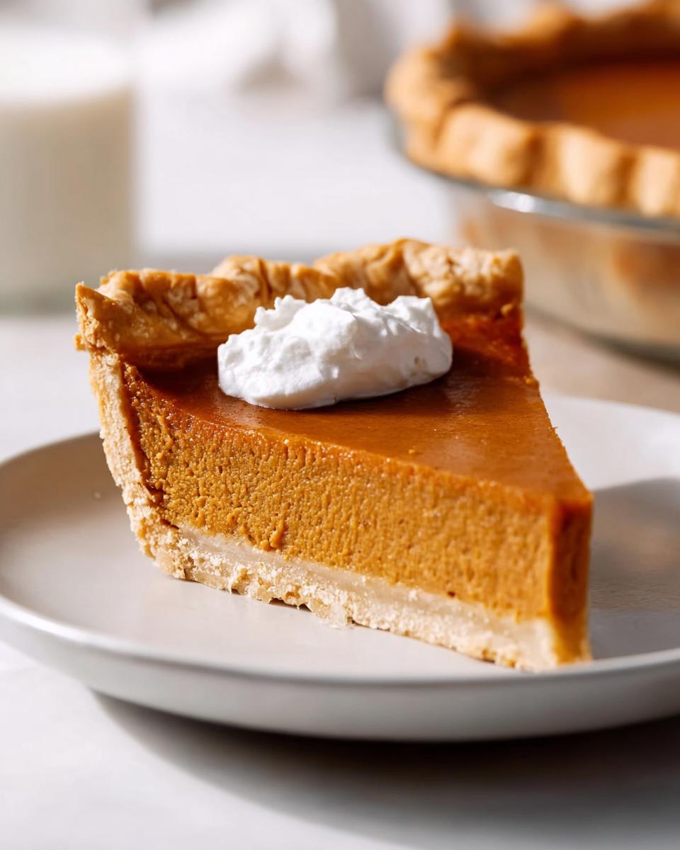 A slice of creamy pumpkin pie, topped with whipped cream, ready for Thanksgiving.