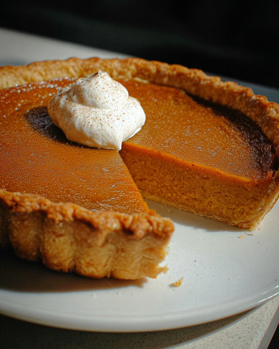 A slice of pumpkin pie topped with whipped cream and cinnamon, ready for Thanksgiving desserts.