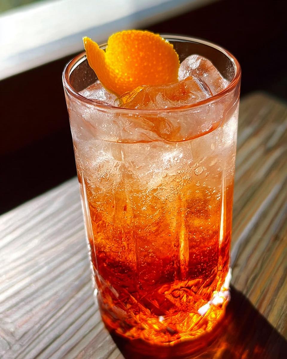 A tall glass filled with ice and an orange-hued sparkling drink, garnished with an orange peel, perfect for Restaurant-Style Thanksgiving Drinks at Home.