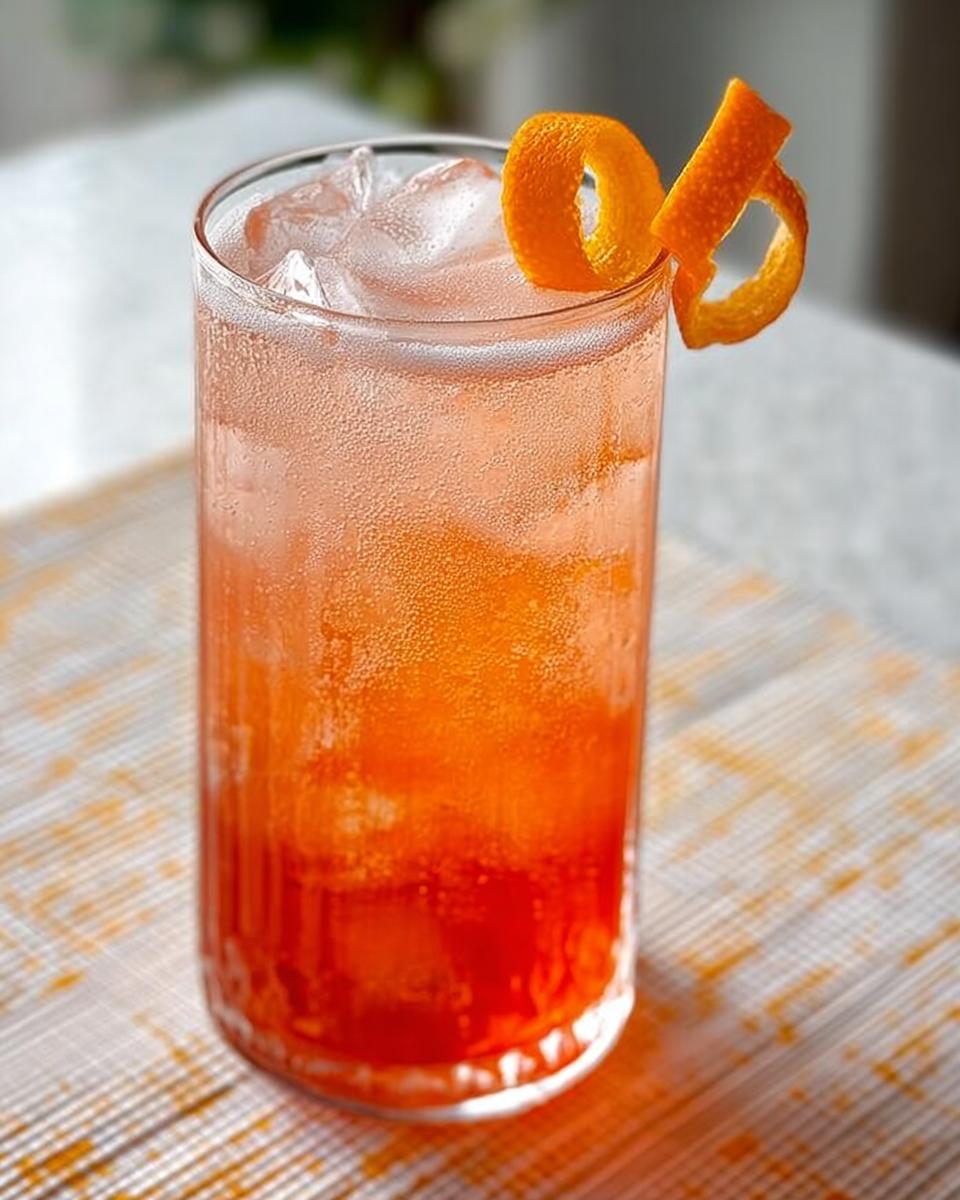 A tall glass filled with a bubbly, orange-hued Thanksgiving drink, served over ice and garnished with a twist of orange peel.