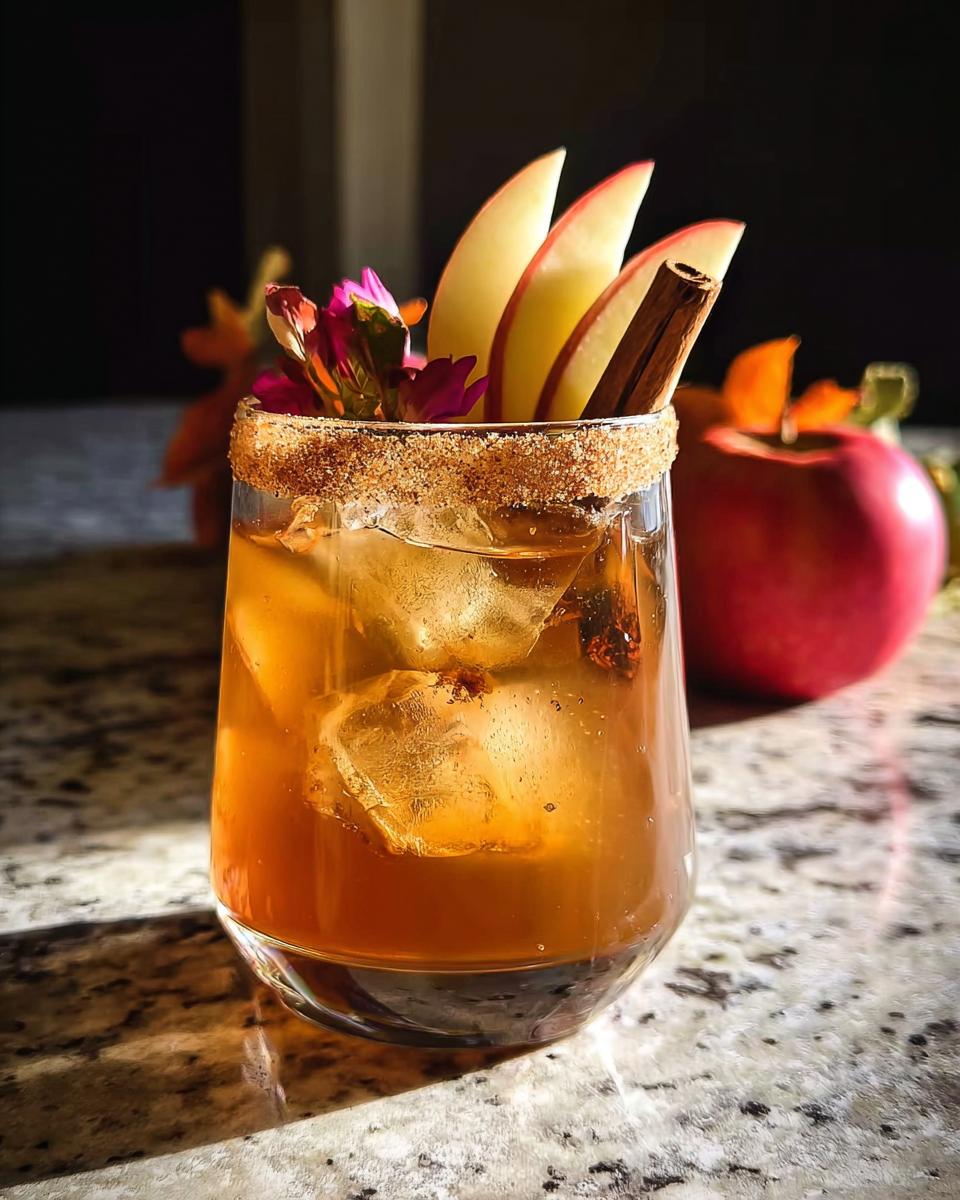 A festive Thanksgiving drink with ice, apple slices, cinnamon stick, and edible flowers, rimmed with sugar.