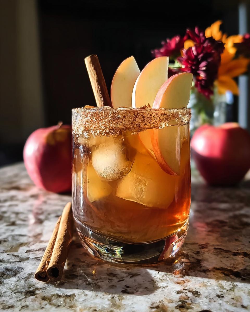 A festive spiced apple cocktail with apple slices and cinnamon sticks, perfect for Thanksgiving drinks.