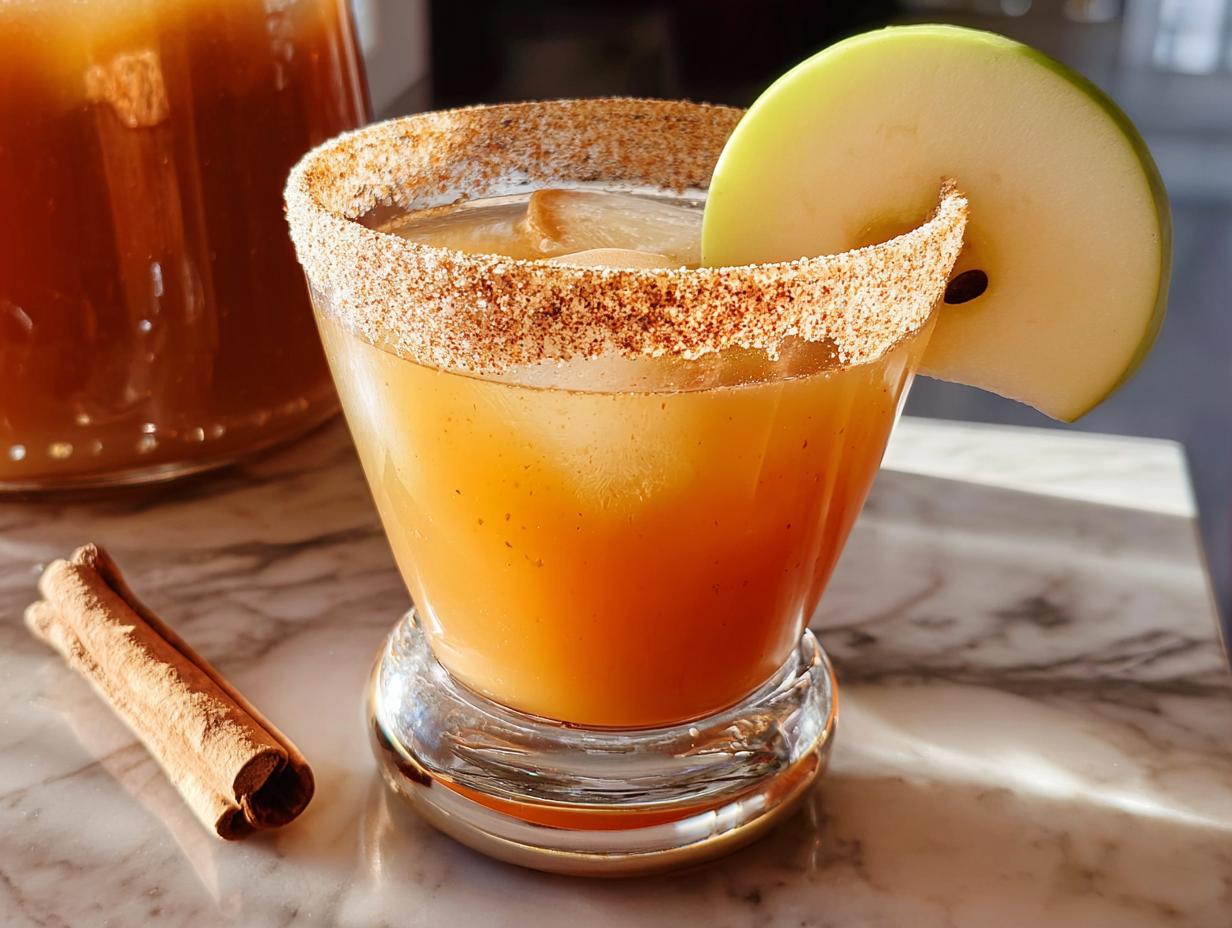 A festive apple cider cocktail with a cinnamon sugar rim, garnished with an apple slice, perfect for Thanksgiving drinks.