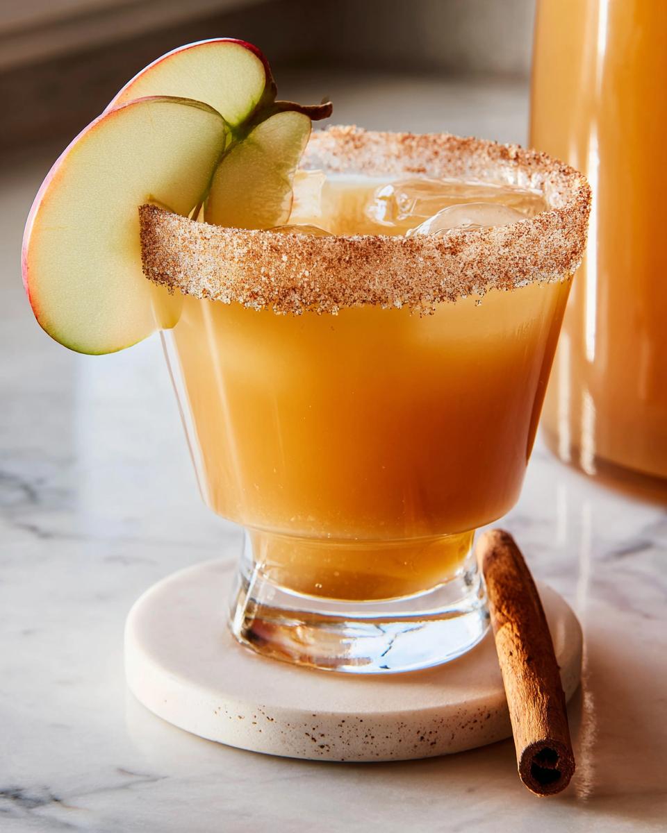 A festive apple cider cocktail with a cinnamon-sugar rim, garnished with apple slices, perfect for Thanksgiving Drinks for Busy Weeknights.
