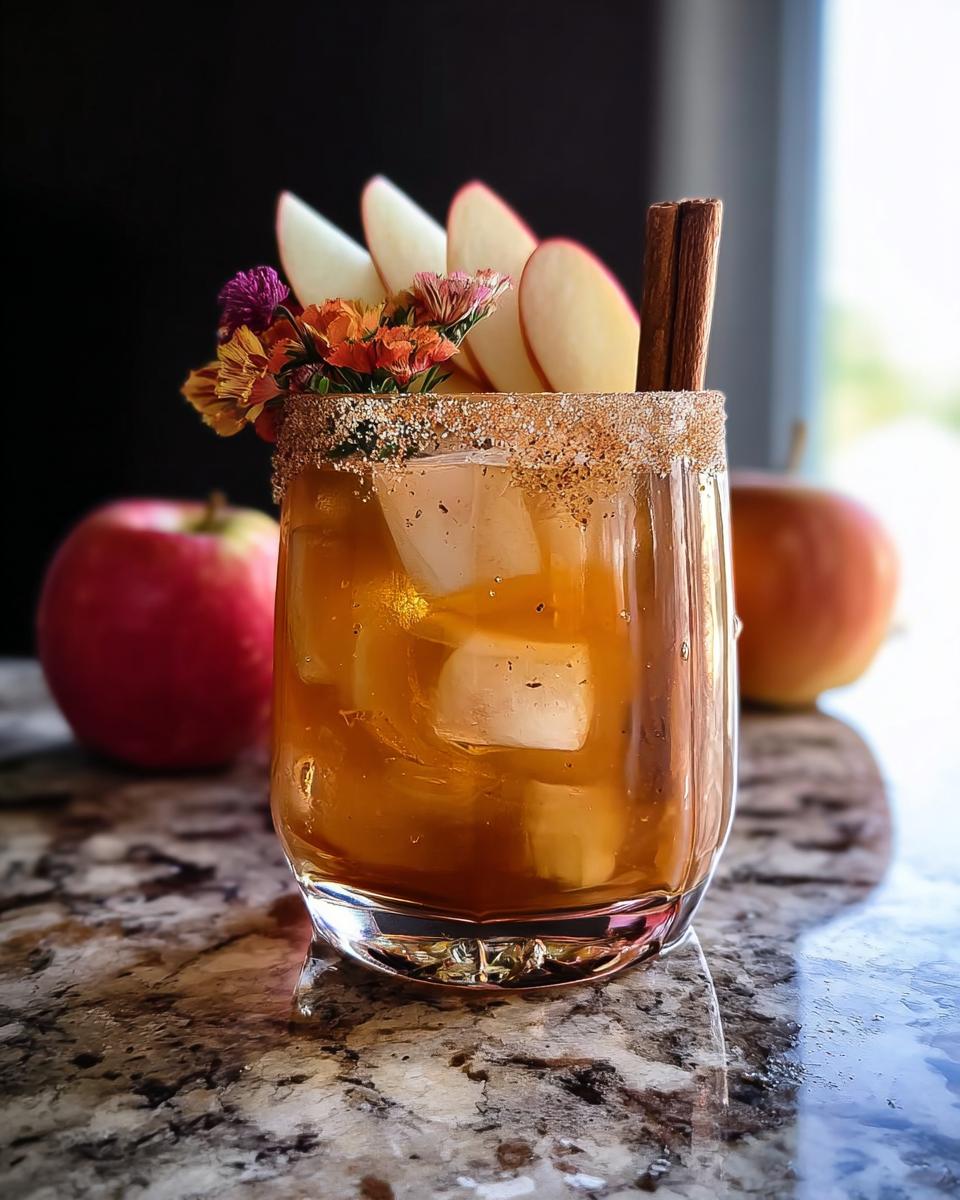 A festive apple cider cocktail with a cinnamon-sugar rim, apple slices, flowers, and a cinnamon stick, perfect for Thanksgiving Drinks.