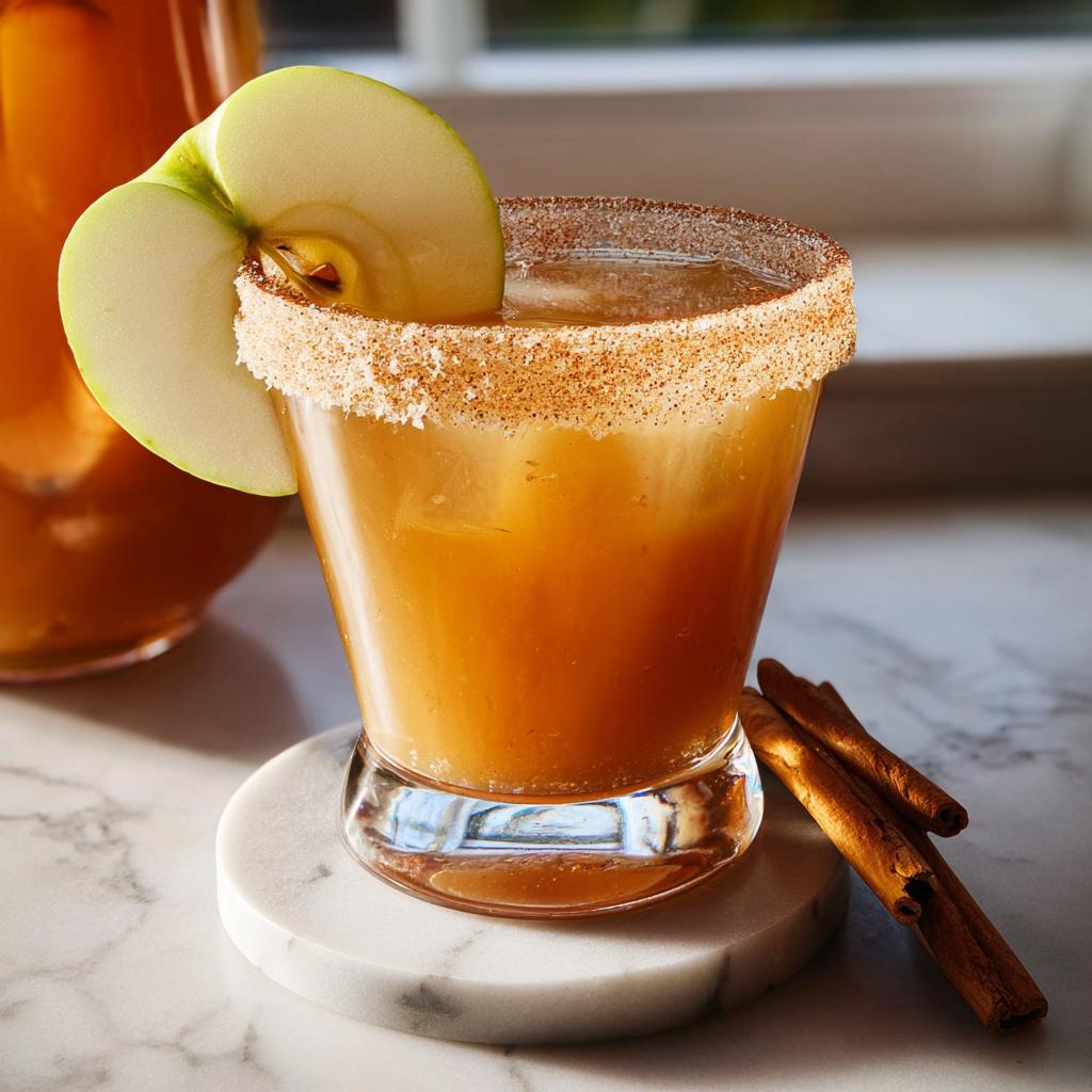 A festive apple cider Thanksgiving drink with a cinnamon-sugar rim, garnished with apple slices and cinnamon sticks.