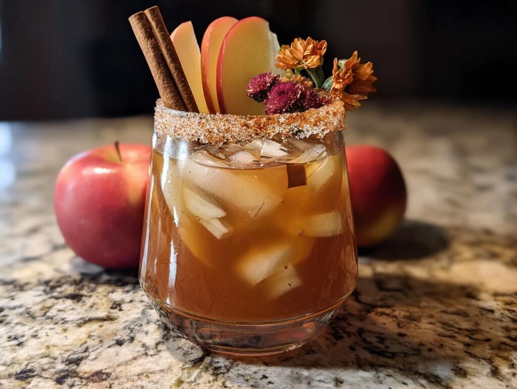 A festive apple cinnamon cocktail with ice, garnished with apple slices, cinnamon sticks, and flowers, perfect for Thanksgiving Drinks in 20 Minutes.