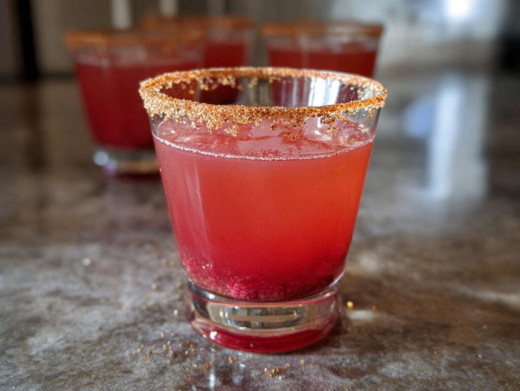 Close-up of a festive cranberry cocktail with a spiced rim, perfect for Thanksgiving Drinks 2025.