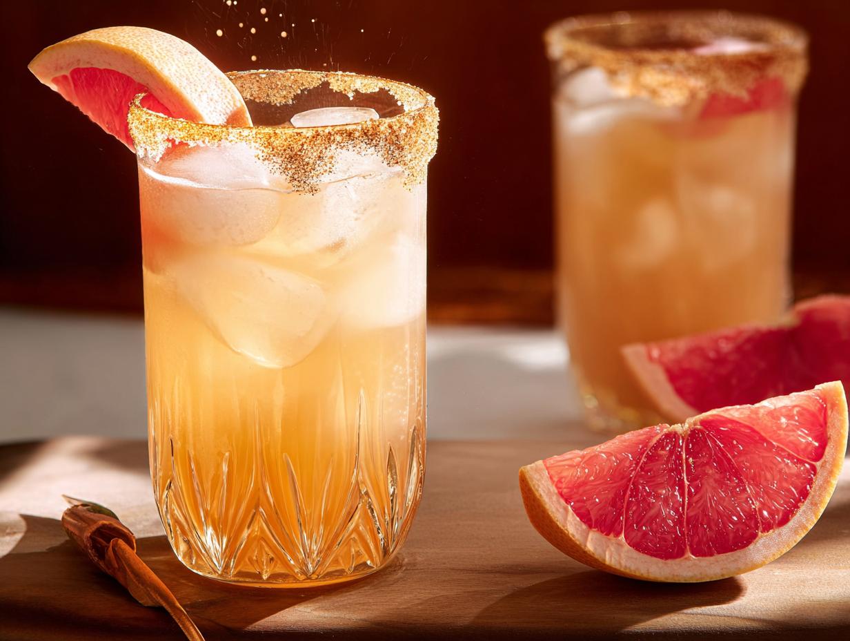 A refreshing grapefruit cocktail with a sugared rim, garnished with a grapefruit slice, perfect for your Ultimate Thanksgiving Drinks Guide.