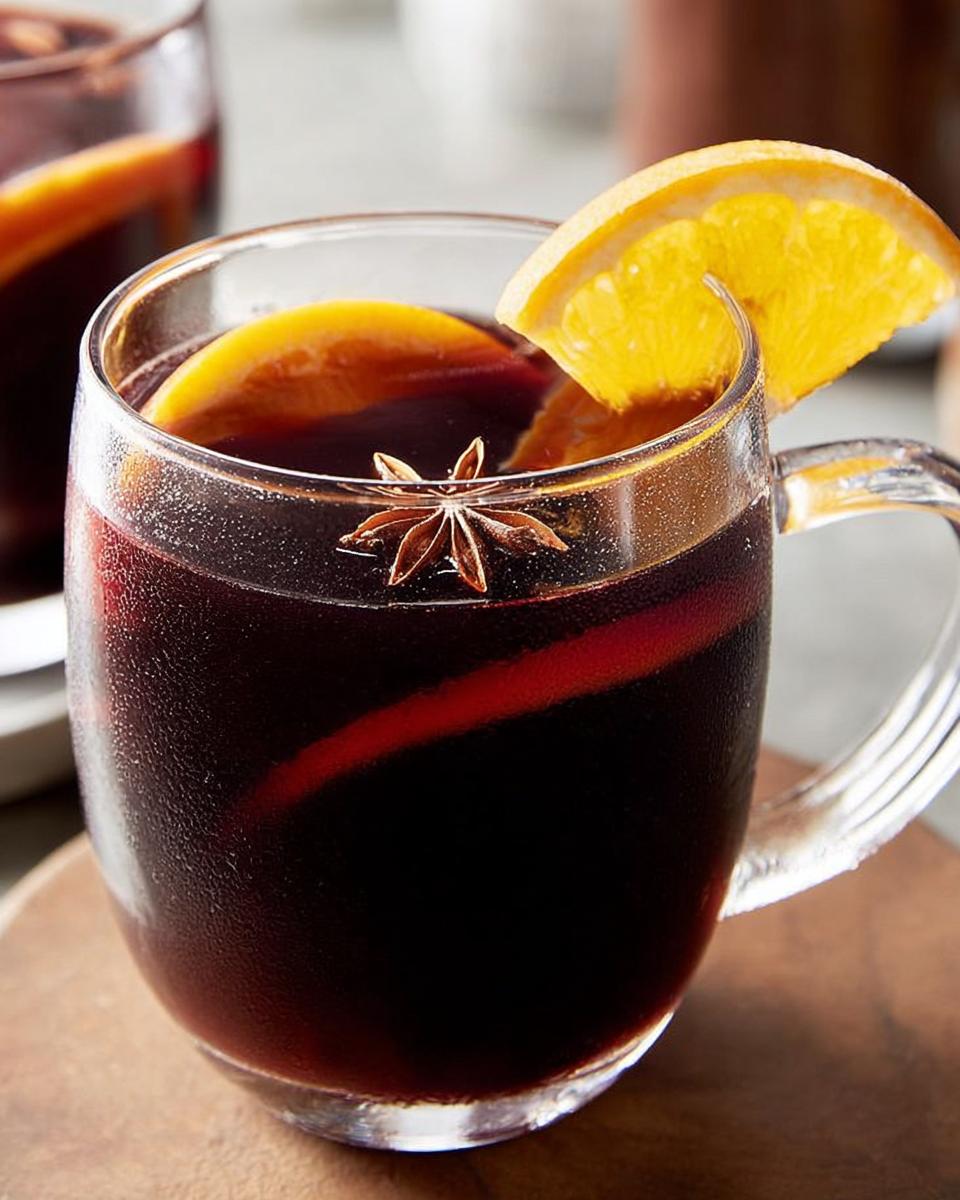 A close-up of a glass mug filled with mulled wine, garnished with an orange slice and star anise. Perfect for Thanksgiving drinks.