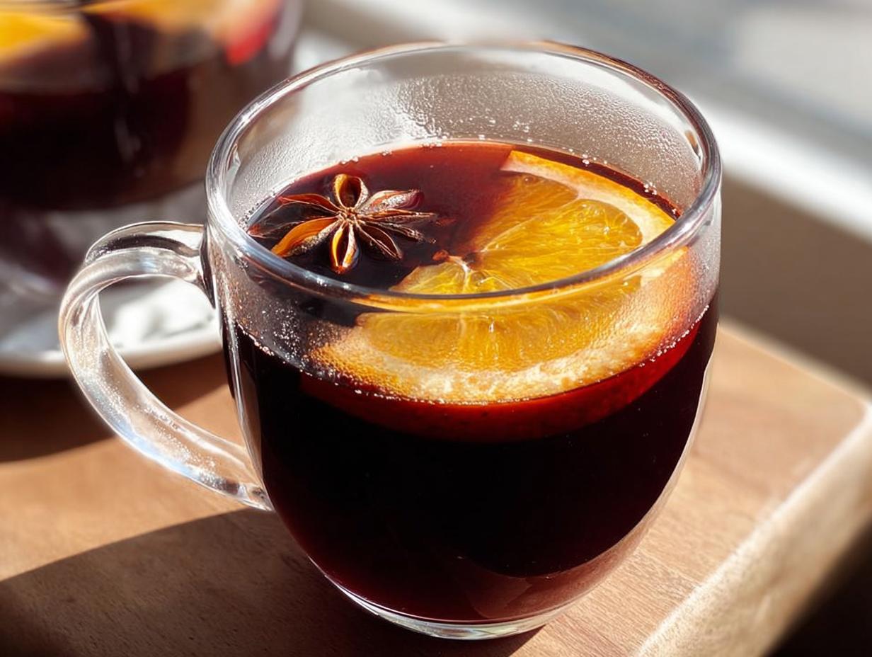 A close-up of a glass mug filled with mulled wine, garnished with an orange slice and star anise, perfect for Thanksgiving drinks.