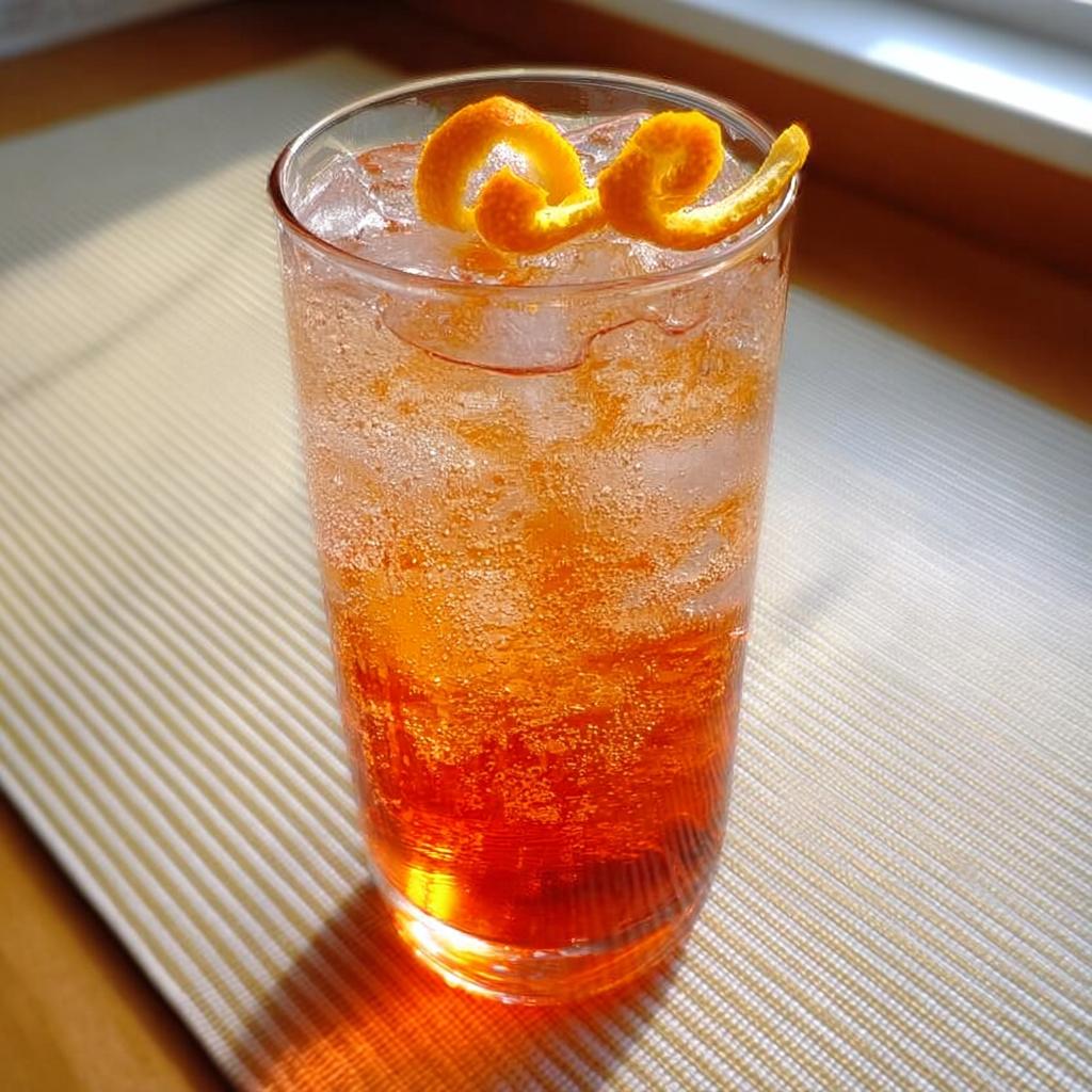 A tall glass filled with ice and an orange-colored Thanksgiving drink, garnished with a twist of orange peel.