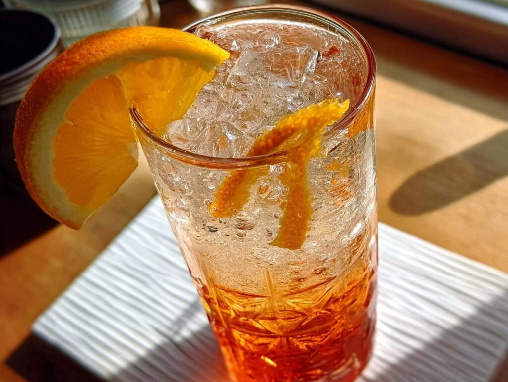 A refreshing orange spritzer with ice, orange slice, and zest, perfect for restaurant-style Thanksgiving drinks at home.