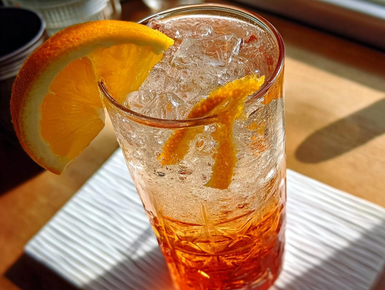 A refreshing orange spritzer with ice, orange slice, and zest, perfect for restaurant-style Thanksgiving drinks at home.