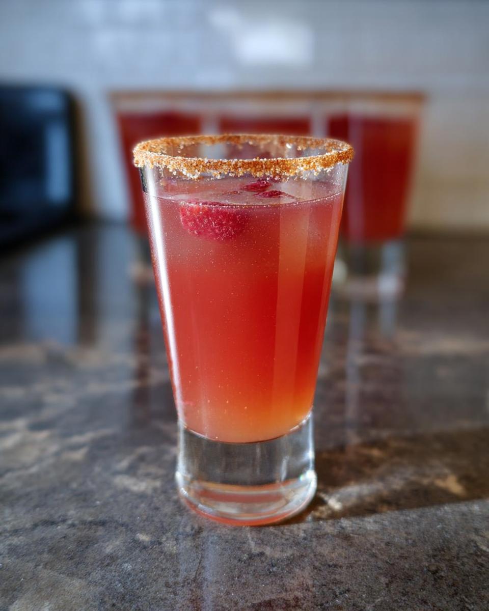 A close-up of a festive Thanksgiving drink, a pink cocktail with a raspberry garnish and a cinnamon-sugar rim.