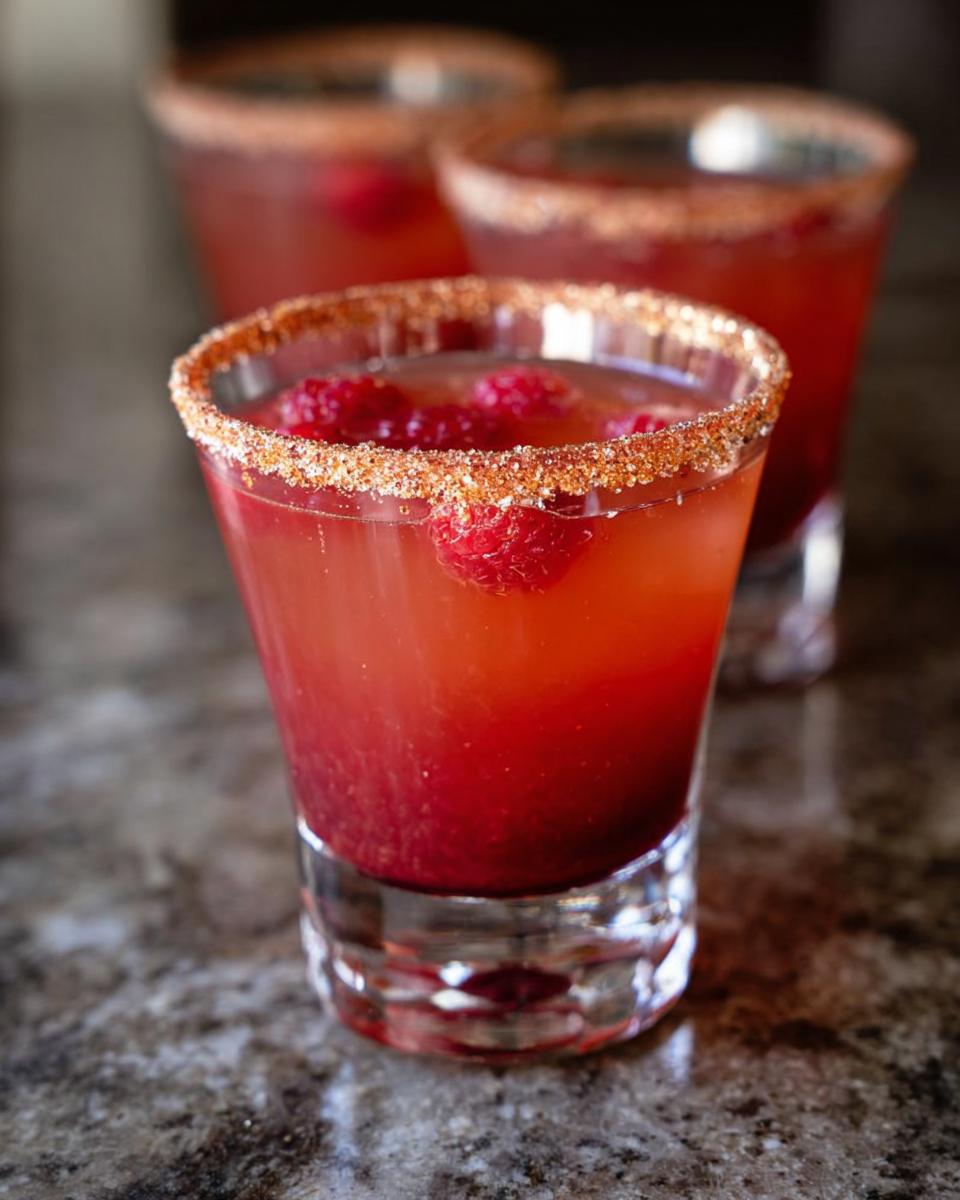 Close-up of a festive Thanksgiving drink: a raspberry cocktail with a cinnamon-sugar rim and fresh raspberries.