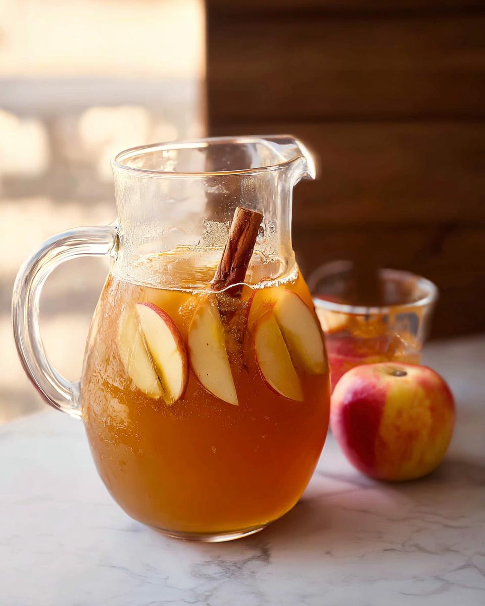 A glass pitcher filled with spiced apple cider, garnished with apple slices and a cinnamon stick, for a Thanksgiving Drinks Recipe.