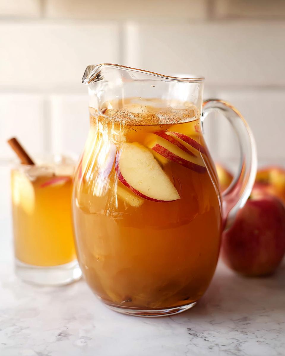 A pitcher filled with spiced apple cider, garnished with apple slices and cinnamon sticks, perfect for a Thanksgiving Drinks Recipe.