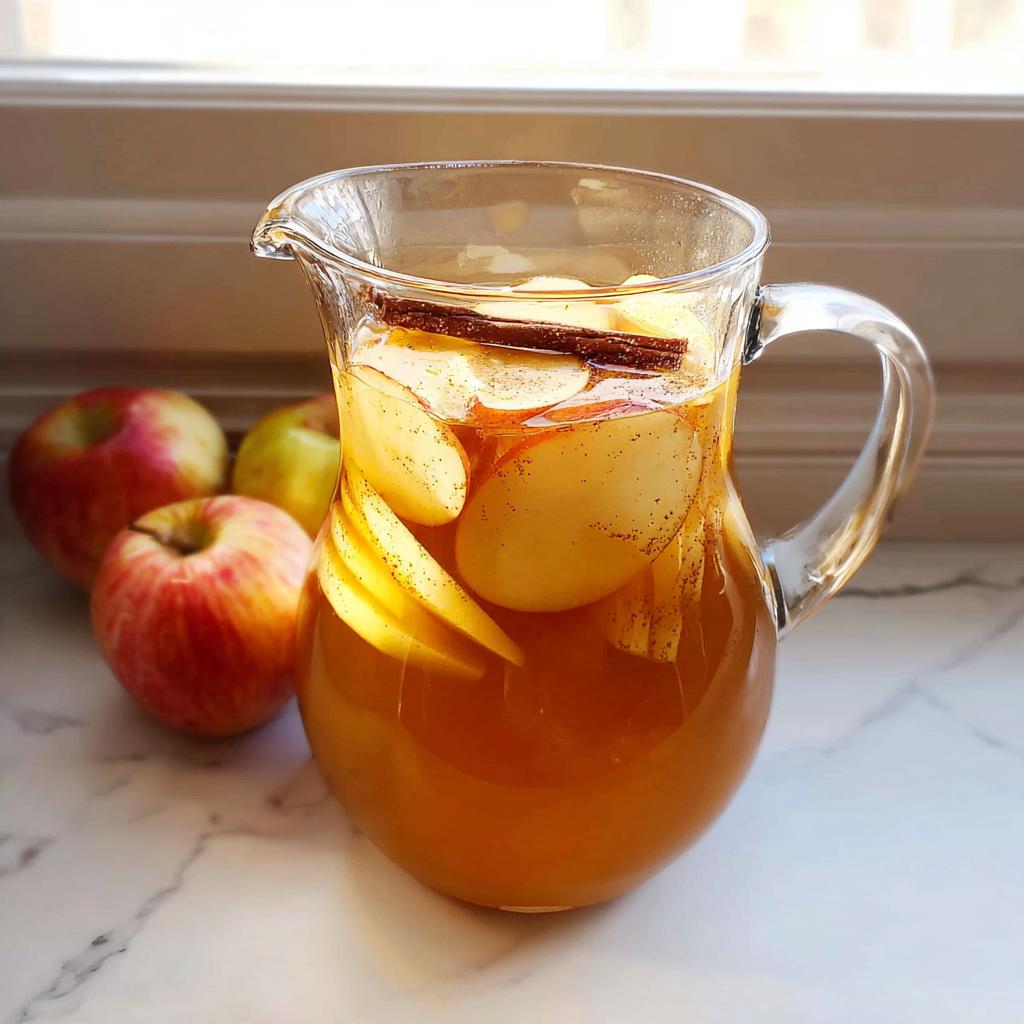 A clear glass pitcher filled with spiced apple cider, sliced apples, and cinnamon sticks, with fresh apples in the background.