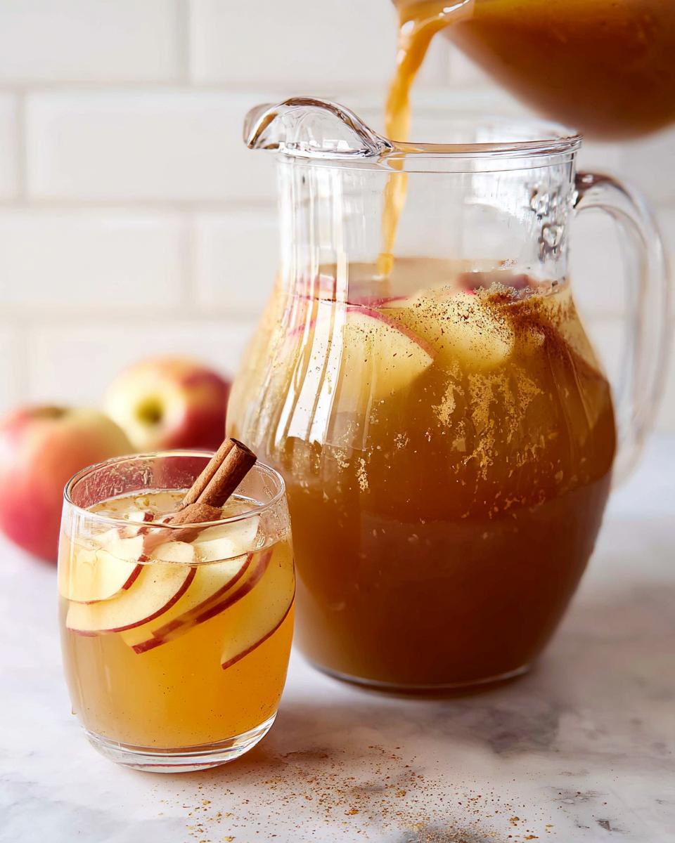 A glass filled with spiced apple cider, apple slices, and a cinnamon stick, next to a pitcher of the same Thanksgiving drinks recipe.