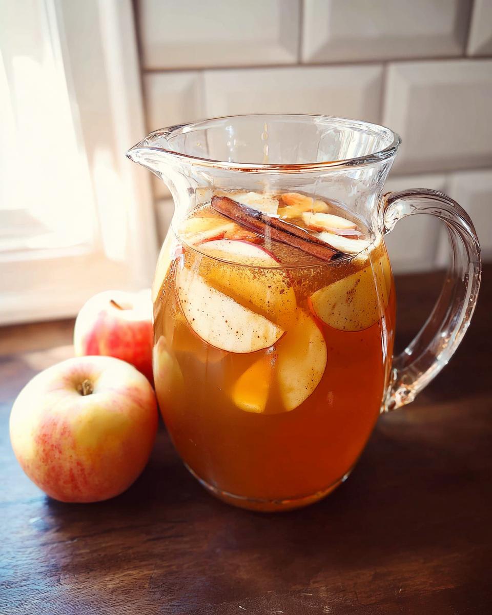 A pitcher filled with spiced apple cider, sliced apples, and cinnamon sticks, a perfect Thanksgiving drinks recipe.