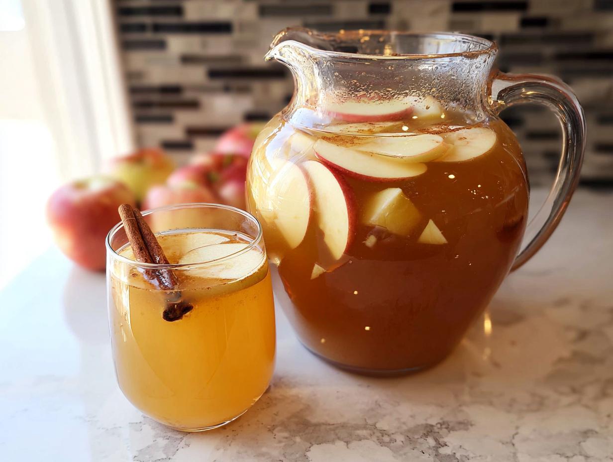 A glass and pitcher of spiced apple cider with apple slices, cinnamon sticks, and star anise, a perfect Thanksgiving Drinks Recipe.