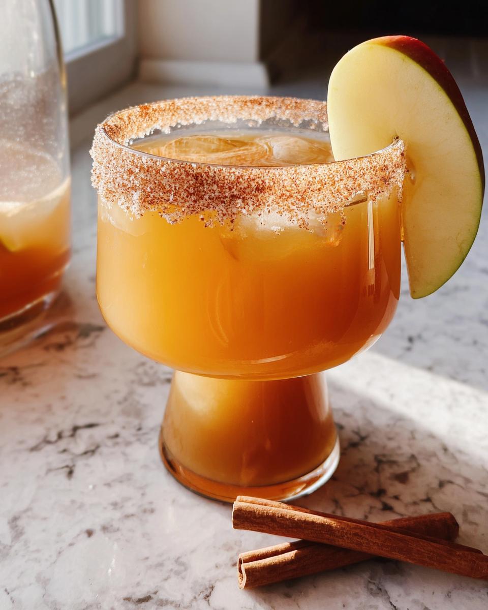 A festive glass of spiced apple cider, rimmed with cinnamon sugar and garnished with an apple slice, perfect for Thanksgiving drinks.