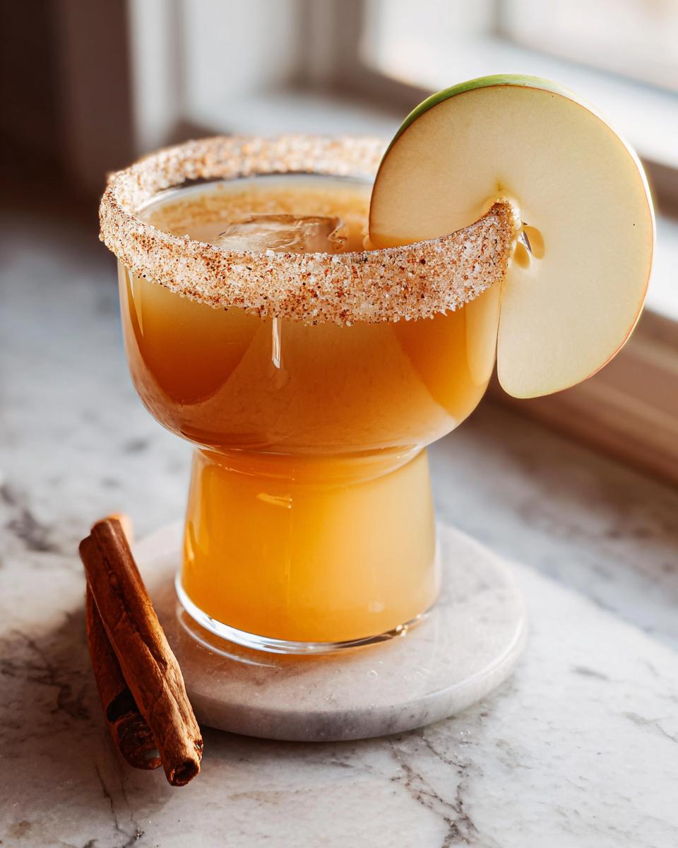 A festive glass of spiced apple cider, rimmed with cinnamon sugar and garnished with an apple slice, perfect for Thanksgiving Drinks.