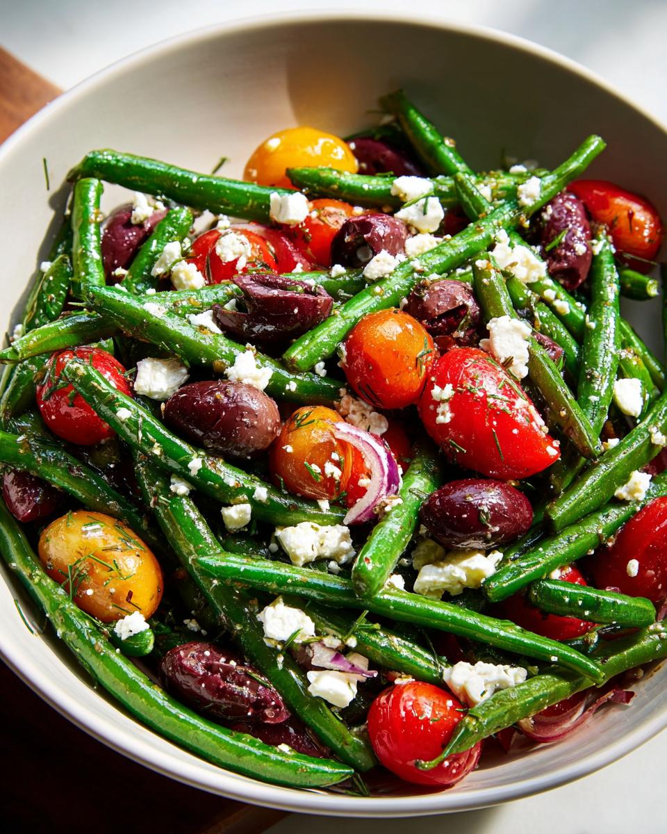 A vibrant bowl of green bean salad with cherry tomatoes, Kalamata olives, feta cheese, and dill, perfect for Thanksgiving.