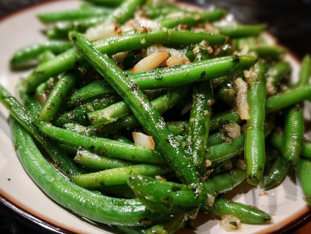 Close-up of vibrant green beans sautéed with onions and herbs, perfect for Thanksgiving.