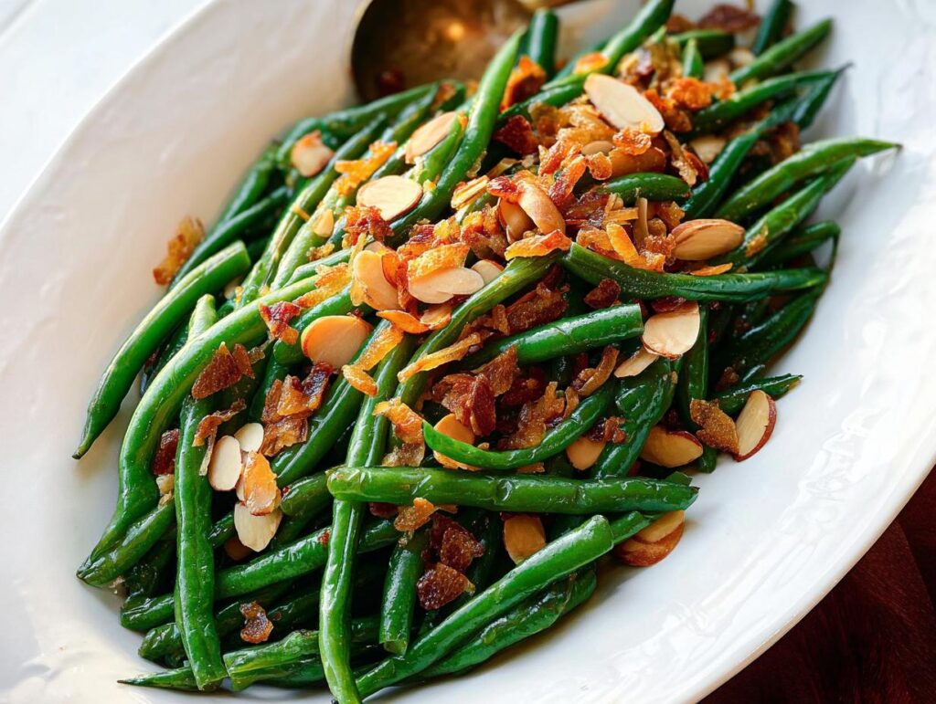 Close-up of Thanksgiving green beans topped with toasted almonds and crispy bacon bits.
