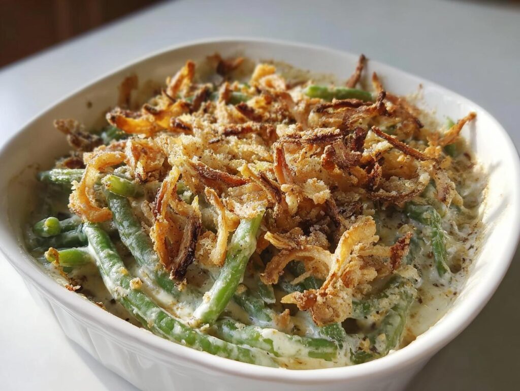 Close-up of a white baking dish filled with creamy Thanksgiving green beans topped with crispy fried onions.