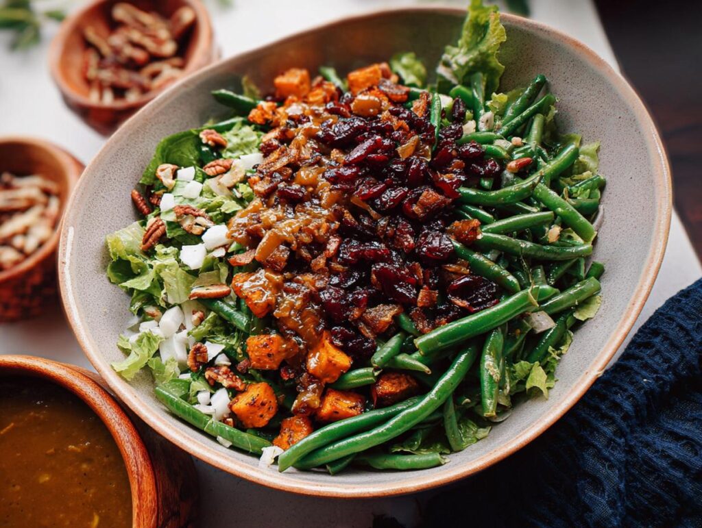 A vibrant bowl of Thanksgiving Green Beans Recipe with fresh green beans, roasted sweet potatoes, pecans, and dried cranberries.