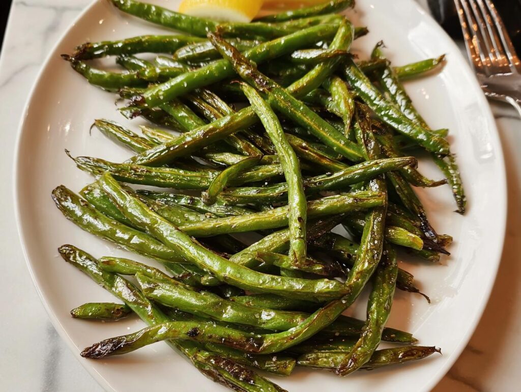 A close-up of a white oval plate filled with glistening, roasted Thanksgiving green beans, seasoned with salt.