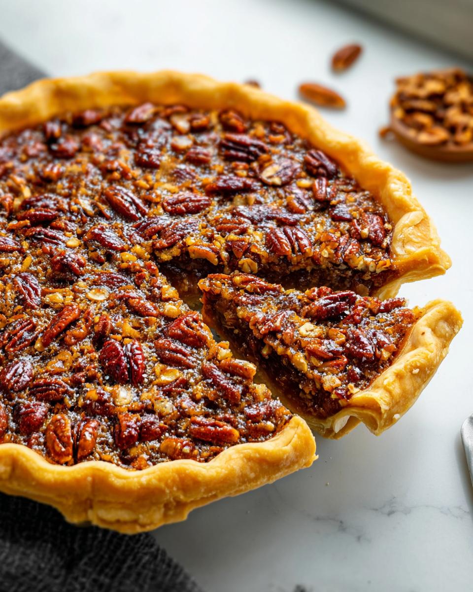 A slice of classic pecan pie, a popular Thanksgiving dessert recipe, with a golden crust and rich filling.