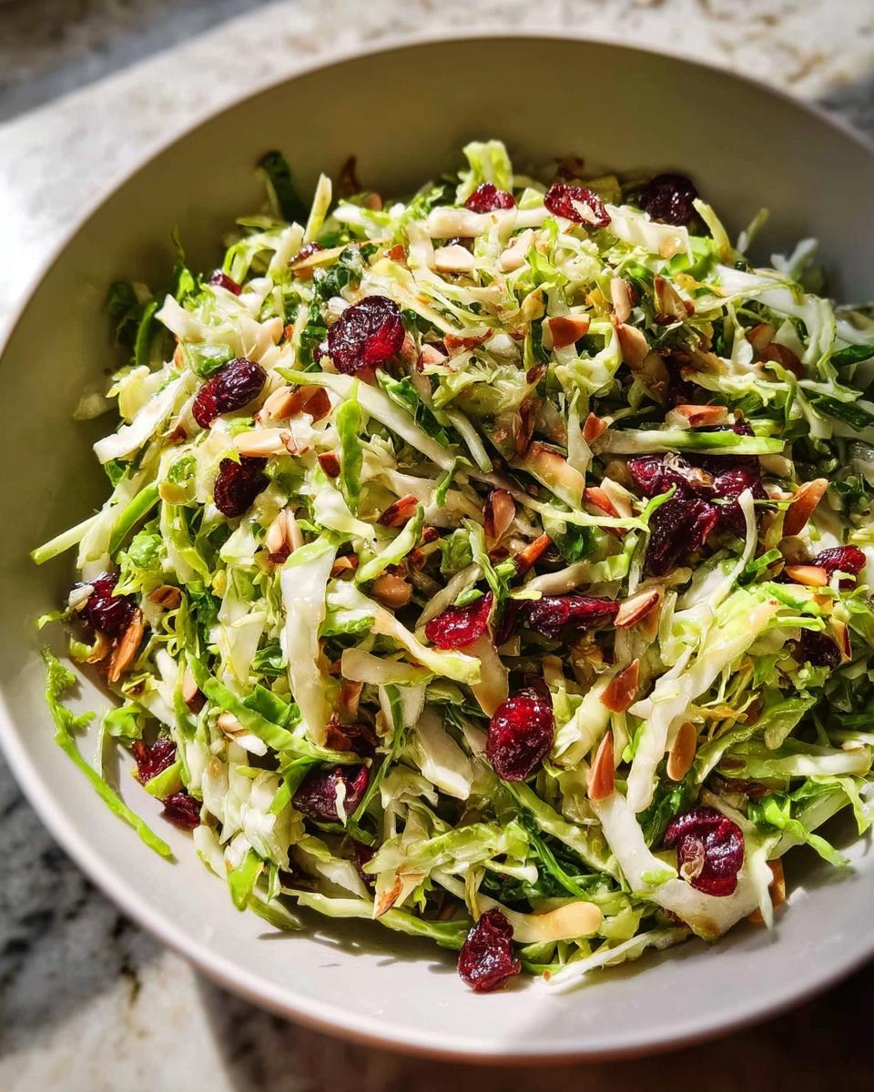 A vibrant bowl of Thanksgiving salad featuring shredded Brussels sprouts, dried cranberries, and slivered almonds.