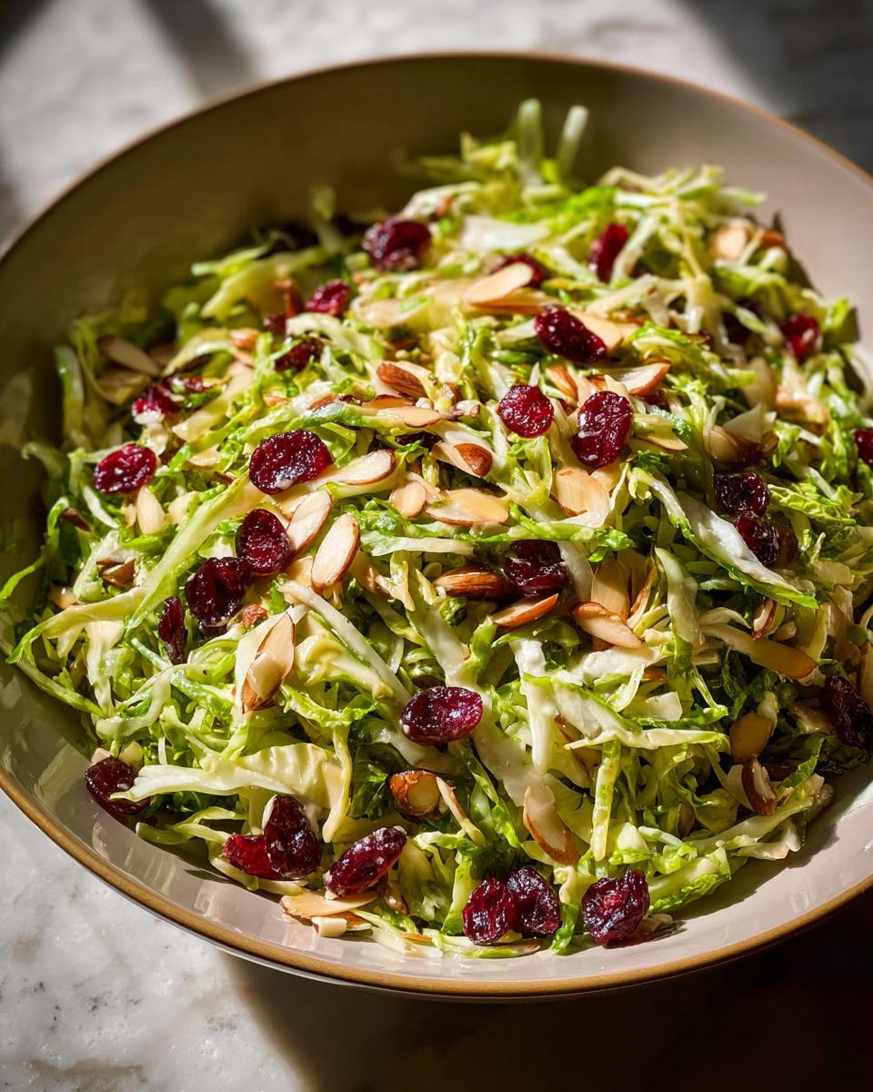 A close-up of a vibrant Thanksgiving salad featuring shredded cabbage, dried cranberries, and sliced almonds in a bowl.