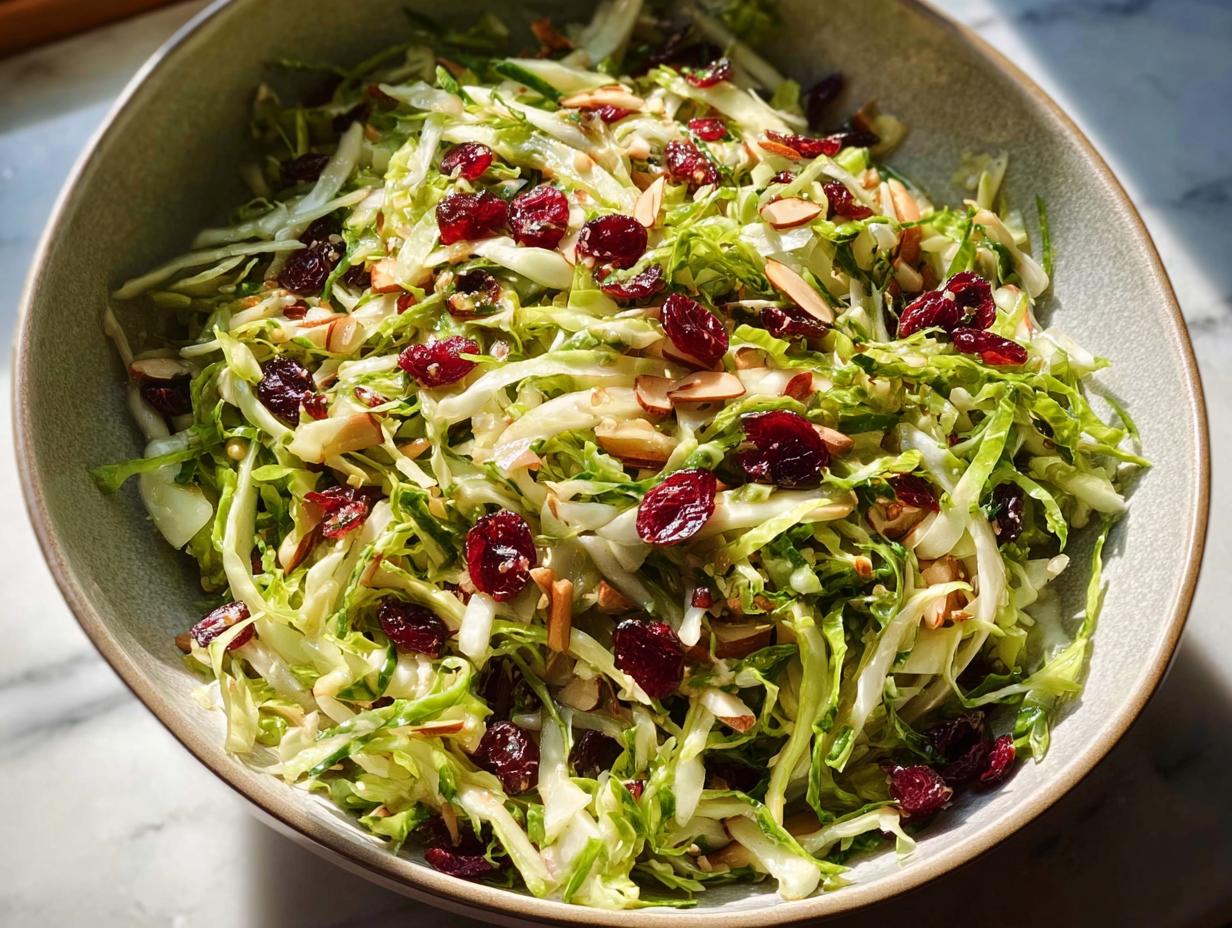A bowl of shredded Brussels sprout salad with dried cranberries and sliced almonds, perfect for Thanksgiving.