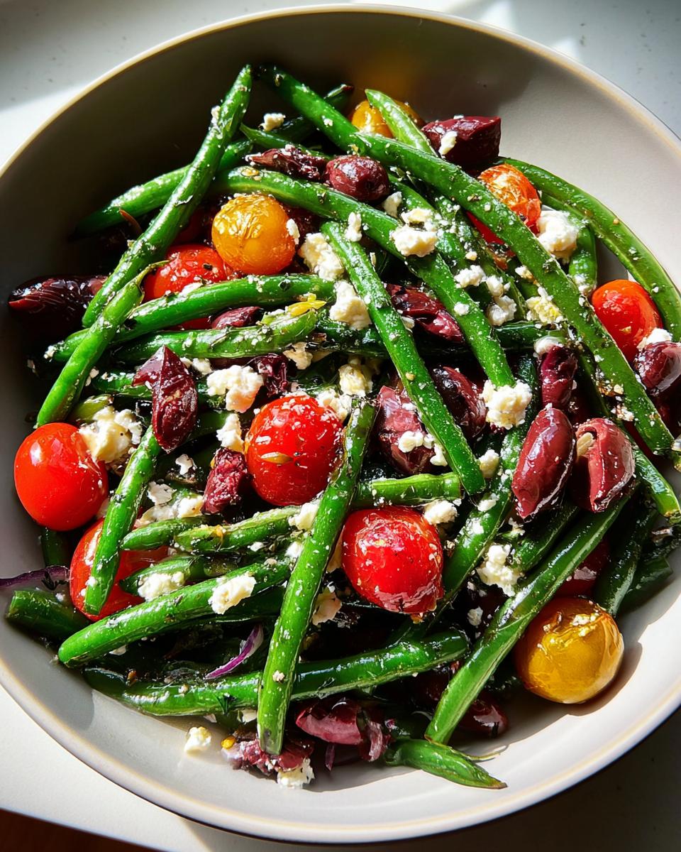 A vibrant green bean salad with cherry tomatoes, Kalamata olives, and crumbled feta cheese, perfect for Thanksgiving.