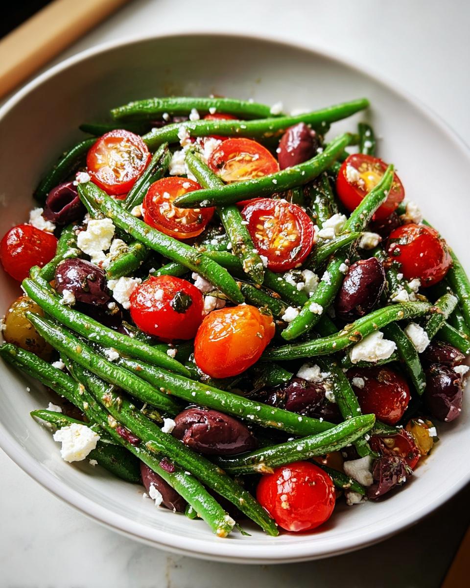 A vibrant green bean and tomato salad with feta cheese and olives, perfect for Thanksgiving.