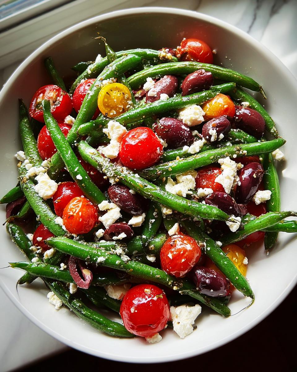 A vibrant Thanksgiving salad featuring crispy green beans, cherry tomatoes, Kalamata olives, and crumbled feta cheese.