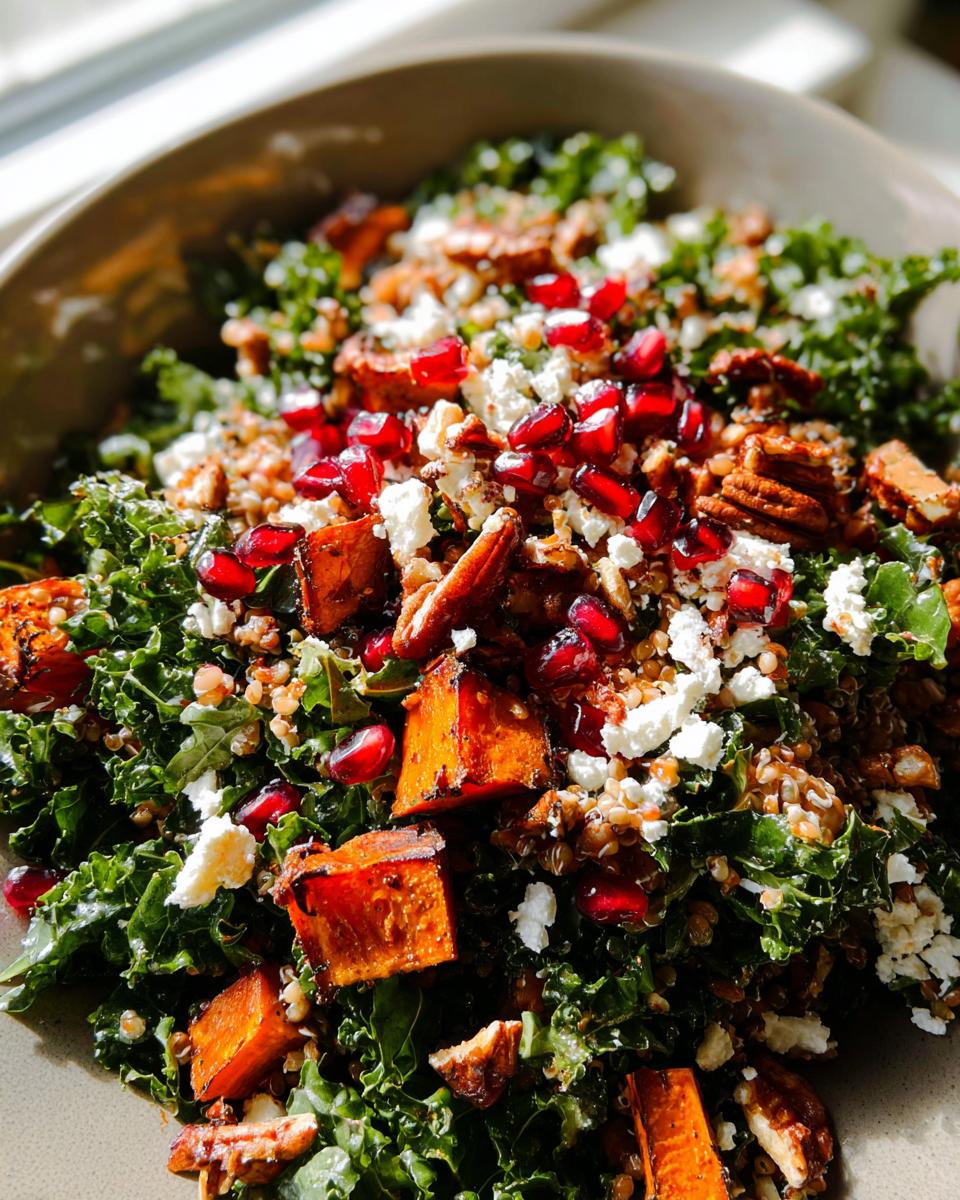 A vibrant Thanksgiving salad featuring kale, roasted butternut squash, crumbled feta, pomegranate seeds, and pecans.