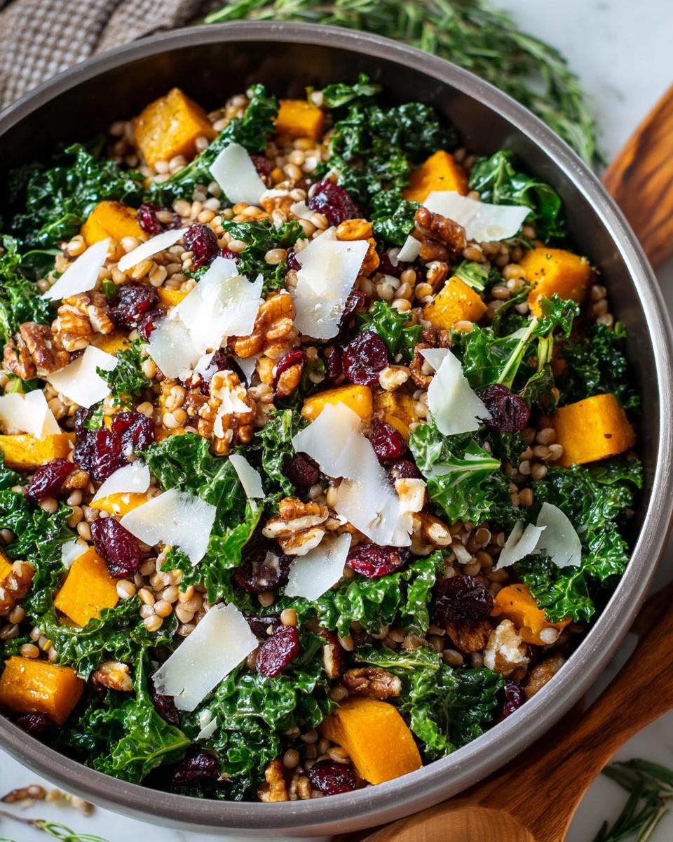 A vibrant Thanksgiving salad recipe featuring kale, roasted butternut squash, cranberries, walnuts, and shaved parmesan.