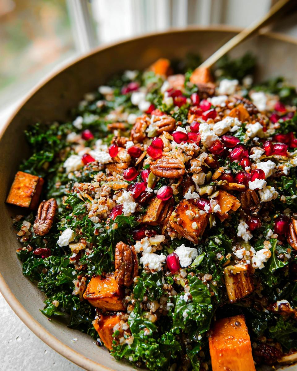 A vibrant Thanksgiving salad featuring kale, roasted sweet potato cubes, pomegranate seeds, pecans, and crumbled feta cheese.