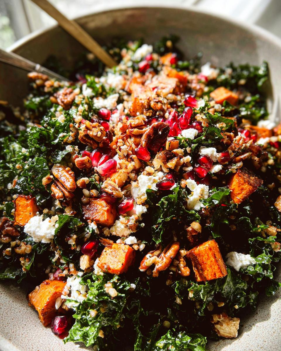 Close-up of a vibrant Thanksgiving salad with kale, roasted sweet potato cubes, crumbled feta, walnuts, and pomegranate seeds.