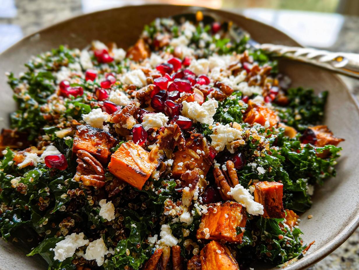 A vibrant Thanksgiving salad featuring kale, roasted sweet potato cubes, pomegranate seeds, crumbled feta, and pecans.