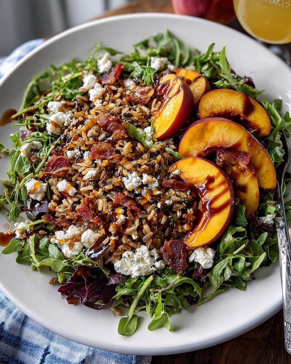 A refreshing Thanksgiving salad recipe featuring mixed greens, wild rice, crumbled feta, crispy bacon, and sliced peaches, drizzled with balsamic glaze.