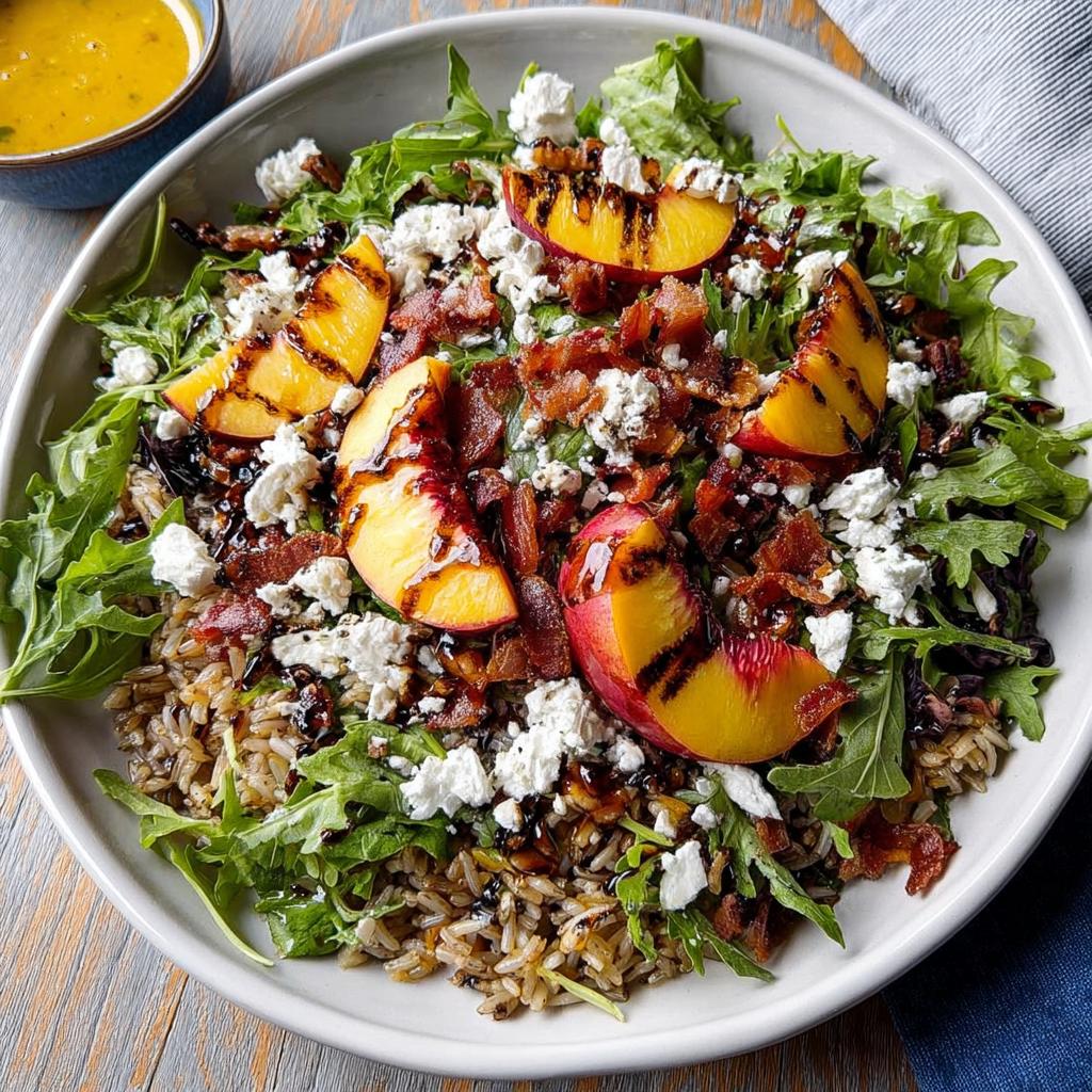 A vibrant Thanksgiving salad with grilled peaches, crumbled feta, crispy bacon, arugula, and a balsamic glaze over wild rice.
