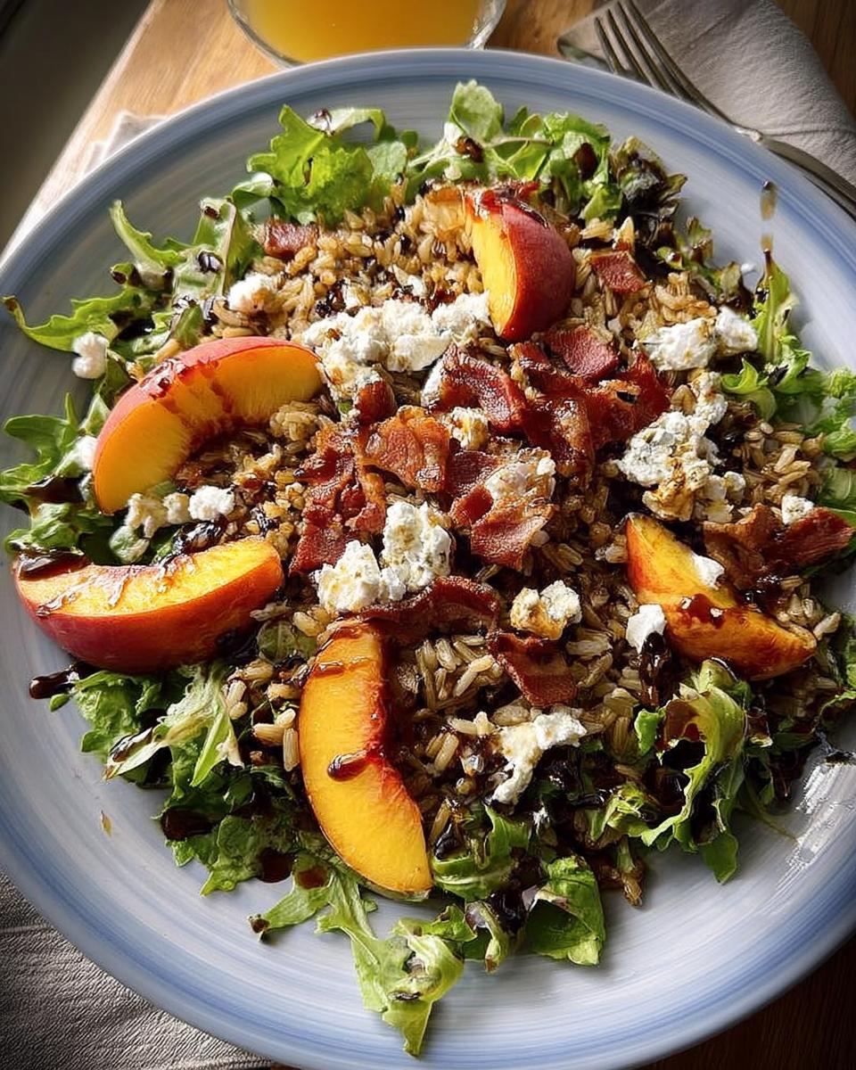 A vibrant Thanksgiving salad with mixed greens, rice, peaches, crumbled cheese, and bacon, drizzled with balsamic glaze.